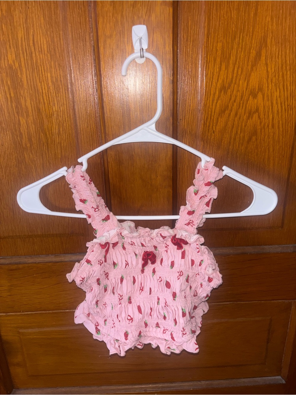 Pink Strawberry Smocked Crop Top